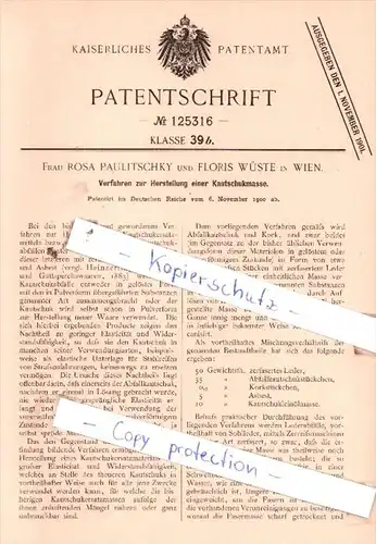 Original Patent  - Frau Rosa Paulitschky und Floris Wüste in Wien , 1900 , Kautschukmasse !!!