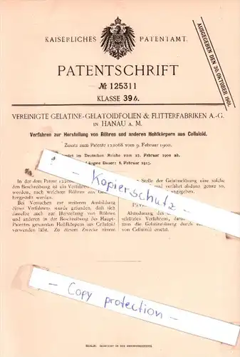 Original Patent  - Vereinigte Gelatine-Gelatoidfolien & Flitterfabriken A.-G. in Hanau A.-G. , 1900 , !!!