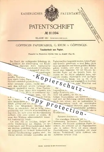 original Patent - Göppinger Papierfabrik , G. Krum in Göppingen , 1894 , Taschentuch aus Papier , Papiertaschentuch !!!