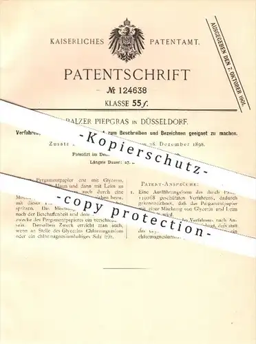 original Patent - Balzer Piepgras / Düsseldorf , 1900 , vegetabilisches Pergament zum Beschreiben u. Bezeichnen , Papier