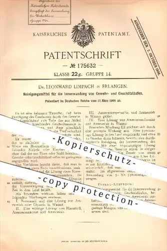 original Patent - Dr. L. Limpach , Erlangen , 1906 , Reinigungsmittel für den Lauf von Gewehr , Geschütz , Waffen !!!