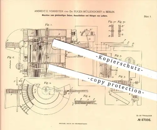 original Patent - A. E. Vorreiter , Dr. E. Müllendorff / Berlin , 1894 , Setzen, Ausschließen u. Ablegen von Lettern !!