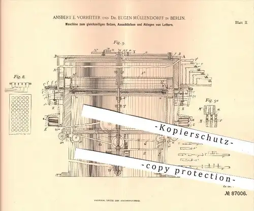 original Patent - A. E. Vorreiter , Dr. E. Müllendorff / Berlin , 1894 , Setzen, Ausschließen u. Ablegen von Lettern !!