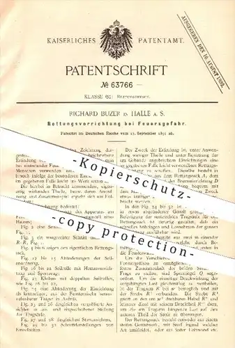 original Patent - Richard Buzer , Halle / Saale , 1891 , Rettungsvorrichtung bei Feuergefahr , Feuerwehr , Feuerwehrmann