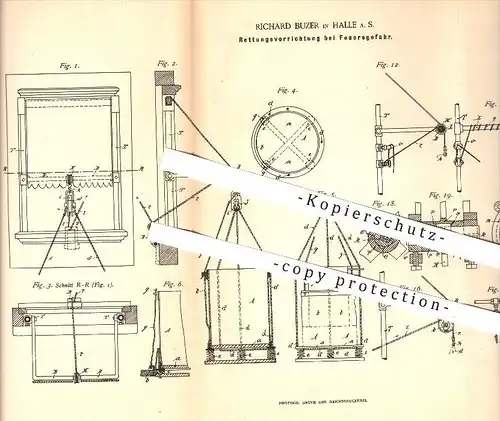 original Patent - Richard Buzer , Halle / Saale , 1891 , Rettungsvorrichtung bei Feuergefahr , Feuerwehr , Feuerwehrmann