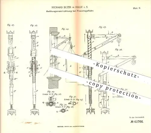 original Patent - Richard Buzer , Halle / Saale , 1891 , Rettungsvorrichtung bei Feuergefahr , Feuerwehr , Feuerwehrmann