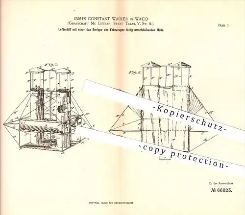 original Patent - James Constant Walker , Waco , Grafschaft Mc Lennan , Staat Texas , USA , 1892 , Lufschiff !!!