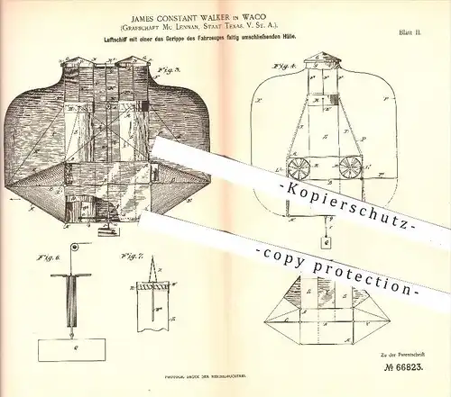 original Patent - James Constant Walker , Waco , Grafschaft Mc Lennan , Staat Texas , USA , 1892 , Lufschiff !!!