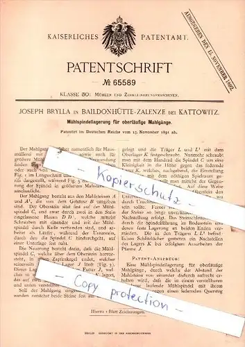Original Patent  - J. Brylla in Baildonhütte-Zalenze bei Kattowitz , 1891 , Mühlspindellagerung !!!