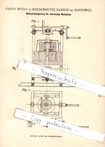 Original Patent  - J. Brylla in Baildonhütte-Zalenze bei Kattowitz , 1891 , Mühlspindellagerung !!!