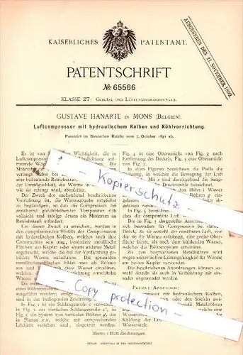 Original Patent  - G. Hanarte in Mons , Belgien , 1891 ,  Luftcompressor mit Kolben nd Kühlvorrichtung !!!