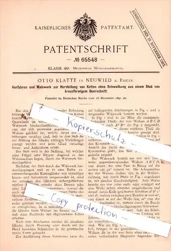 Original Patent  - Otto Klatte in Neuwied a. Rhein , 1891 , Herstellung von Ketten !!!