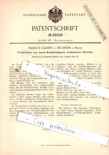 Original Patent  - Marcus Cahen in Mülheim a. Rhein , 1892 , Maschinenelemente !!!