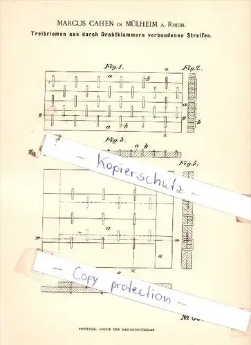 Original Patent  - Marcus Cahen in Mülheim a. Rhein , 1892 , Maschinenelemente !!!