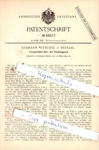 Original Patent  - Erdmann Witschel in Breslau , 1892 , Transportabler Darr- und Trockenapparat !!!
