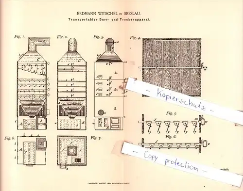 Original Patent  - Erdmann Witschel in Breslau , 1892 , Transportabler Darr- und Trockenapparat !!!