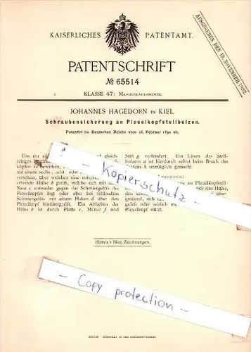 Original Patent  - J. Hagedorn in Kiel , 1892 , Schraubensicherung an Pleuelkopfstellbolzen !!!