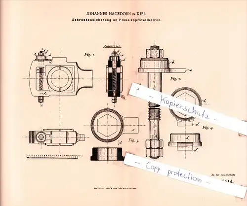 Original Patent  - J. Hagedorn in Kiel , 1892 , Schraubensicherung an Pleuelkopfstellbolzen !!!