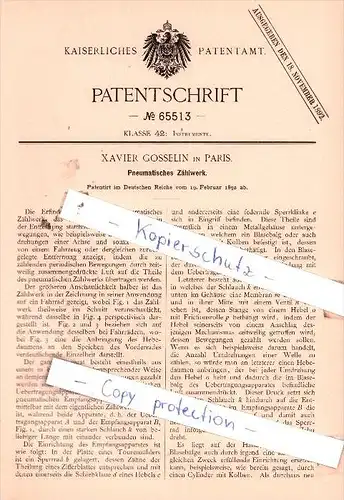 Original Patent  -  Xavier Gosselin in Paris , 1892 ,  Pneumatisches Zählwerk !!!