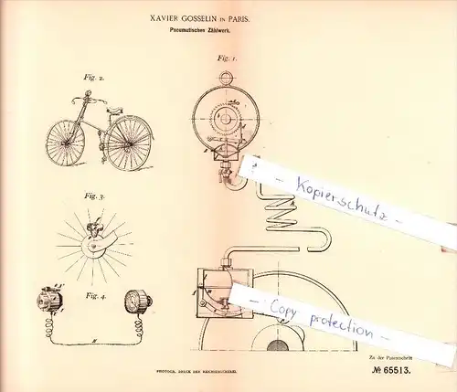 Original Patent  -  Xavier Gosselin in Paris , 1892 ,  Pneumatisches Zählwerk !!!