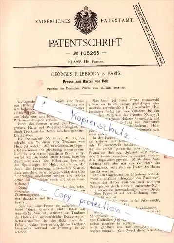 Original Patent  - Georges F. Lebioda in Paris , 1898 , Presse zum Härten von Holz !!!
