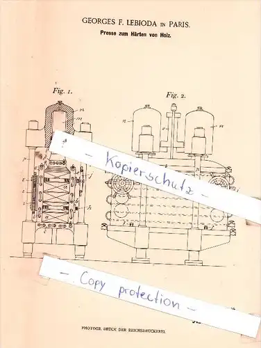 Original Patent  - Georges F. Lebioda in Paris , 1898 , Presse zum Härten von Holz !!!