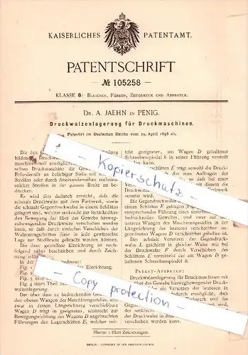 Original Patent  - Dr. A. Jaehn in Penig , 1898 , Druckwalzenlagerung für Druckmaschinen !!!