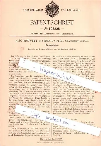 Original Patent  - Alec Browett in Stroud Green, Grafschaft London , 1898 , Carbidpatrone !!!