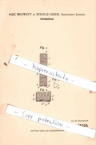 Original Patent  - Alec Browett in Stroud Green, Grafschaft London , 1898 , Carbidpatrone !!!