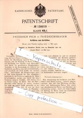 Original Patent  -  Friedrich Pich in Friedrichshagen , 1901 , Verfahren zum Hartlöthen !!!