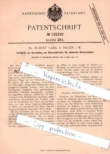 Original Patent  - Dr. Rudolf Gahl in Hagen i. W. , 1901 , Herstellung von Silberelektroden !!!