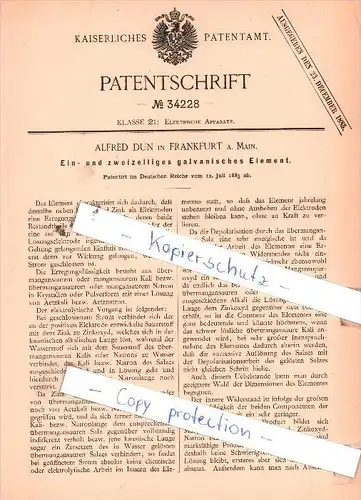 Original Patent  - A. Dun in Frankfurt a. Main , 1885 , Ein- und zweizelliges galvanisches Element !!!