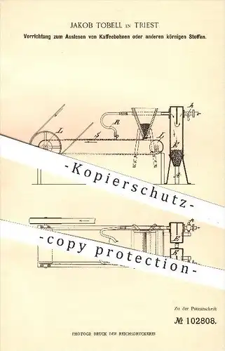 original Patent - Jakob Tobell in Triest , 1897 , Auslese von Kaffeebohnen , Kaffee , Bohnen , Landwirtschaft !!!