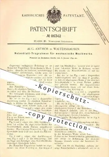 original Patent - Aug. Amthor , Walthershausen , 1895 , Notenblatt - Tragrahmen für mechan. Musikwerke , Musikinstrument
