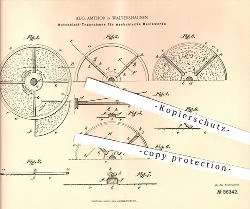 original Patent - Aug. Amthor , Walthershausen , 1895 , Notenblatt - Tragrahmen für mechan. Musikwerke , Musikinstrument