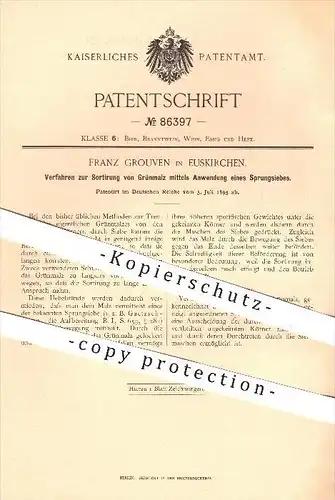 original Patent - F. Grouven , Euskirchen , 1895 , Sortierung von Grünmalz durch Sieben , Sieb , Malz , Bier , Brauerei