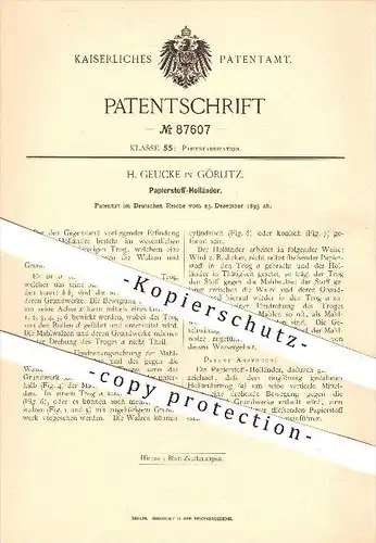 original Patent - H. Geucke , Görlitz 1895 , Papierstoff - Holländer , Papier , Papierfabrik , Walzen , Trog , Mahlwalze