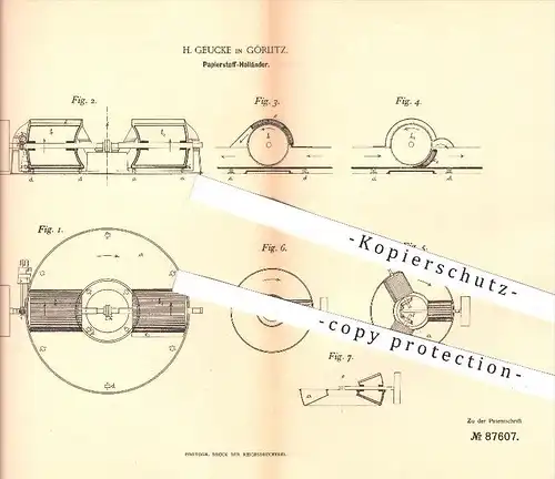 original Patent - H. Geucke , Görlitz 1895 , Papierstoff - Holländer , Papier , Papierfabrik , Walzen , Trog , Mahlwalze