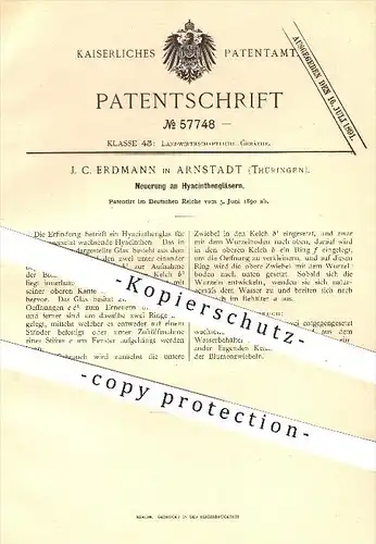 original Patent - J. C. Erdmann , Arnstadt , Hyazinthen - Glas , Blumen , Blumenzucht , Gläser , Gärtner , Garten !!
