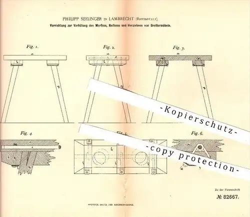 original Patent - P. Seelinger , Lamprecht 1895 , Schutz vor Verziehen u. Reißen der Bretter am Möbel , Tischler , Stuhl