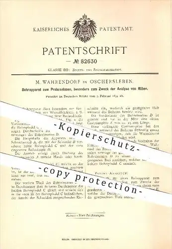 original Patent - M. Wahrendorf in Oschersleben , 1894 , Bohrer zur Probenahme , Analyse von Rüben , Zuckerfabrik , Rübe