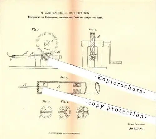 original Patent - M. Wahrendorf in Oschersleben , 1894 , Bohrer zur Probenahme , Analyse von Rüben , Zuckerfabrik , Rübe