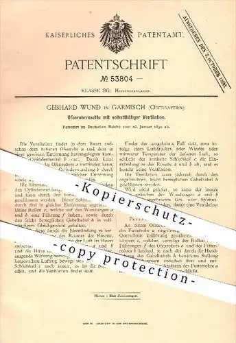 original Patent - Gebhard Wund in Garmisch , 1890 , Ofenrohrrosette mit Ventilation , Ofen , Öfen , Ofenbauer , Ofenrohr