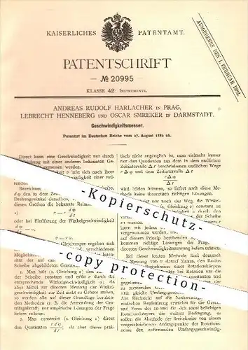 original Patent - A. R. Harlacher , Prag / Lebrecht Henneberg / O. Smreker in Darmstadt , 1882 , Geschwindigkeitsmesser