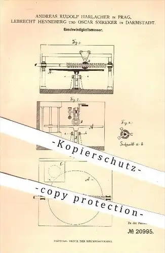 original Patent - A. R. Harlacher , Prag / Lebrecht Henneberg / O. Smreker in Darmstadt , 1882 , Geschwindigkeitsmesser