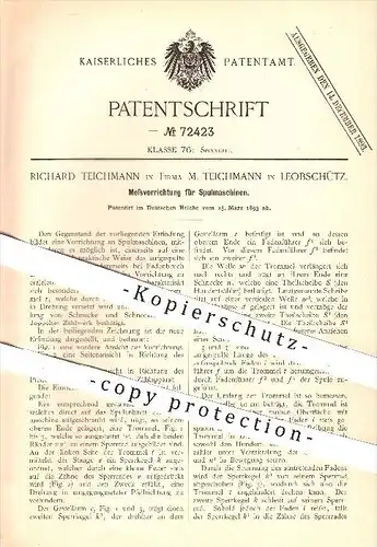 original Patent - Richard Teichmann , M. Teichmann , Leobschütz , 1893 , Messvorrichtung für Spulmaschinen , Spinnerei !