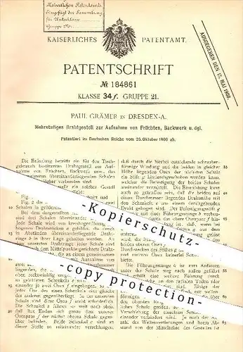 original Patent - Paul Grämer in Dresden , 1906 , mehrstufiges Drahtgestell zur Aufnahme von Früchten , Backwerk !!!