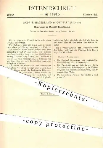 original Patent - Kopp & Haberland in Oschatz , 1880 , Dezimal - Tischwaagen , Waage , Waagen , Wiegen , Waagschale !!!