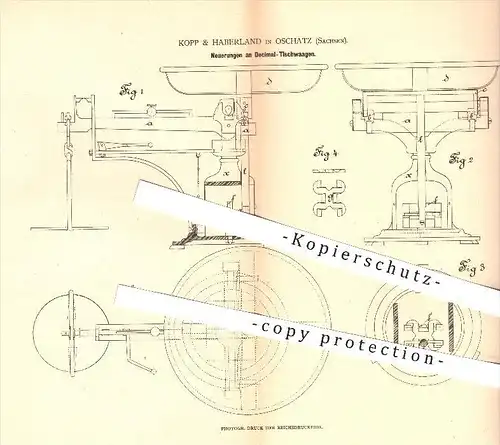 original Patent - Kopp & Haberland in Oschatz , 1880 , Dezimal - Tischwaagen , Waage , Waagen , Wiegen , Waagschale !!!