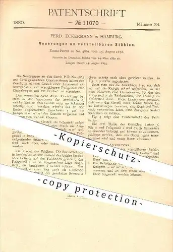 original Patent - Ferd. Eckermann in Hamburg , 1880 , verstellbare Stühle , Stuhl , Möbel , Sessel , Bett , Chaiselongue